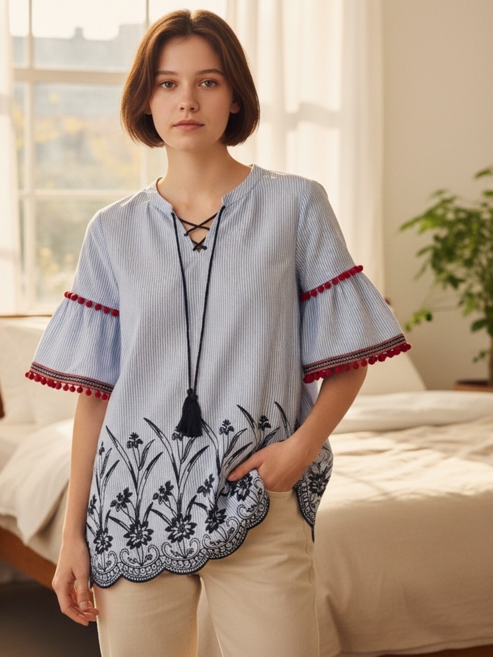 Skies Are Blue Light Blue Embroidered Tunic with Red Trim